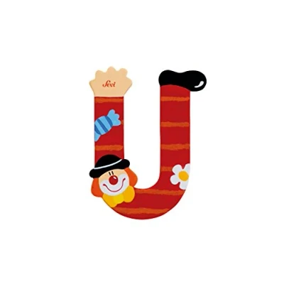 Abbildung von SEVI 81757 Holzbuchstabe U 10 cm, Türbuchstaben für Kinderzimmer, ABC Lernspielzeug aus Holz, Kinder ab 3 Jahren, Buchstabe Clowns Rosa/Gelb/Blau, ca. x 7,5 cm