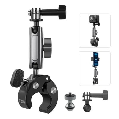 Abbildung von TELESIN Motorradfahren Krabbenklaue Klemme Magic Arm 360 Einstellung Super 1/4&quot; Schraube für Gopro/Insta 360/DJI Action/Canon Nikon DSLR Kamera (Aluminium Version)