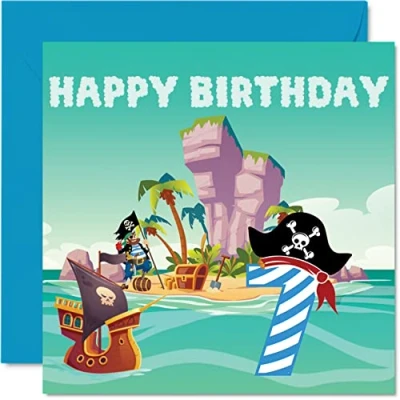 Abbildung von Geburtstagskarte zum 7. Geburtstag für Jungen Piratenschatzinsel Happy Birthday Card 7 Year Old Boy, ihn, 145 mm x Grußkarte Sohn, Bruder, Enkel, Neffe,