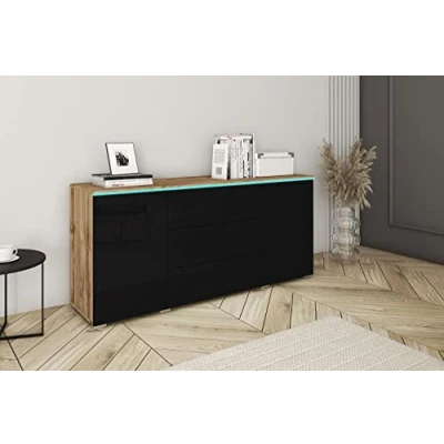 Abbildung von Minio Kommode mit Schubladen und Türen Veve, Sideboard Wohnzimmer Schlafzimmer 150 cm Breit, Wotan Eiche/Schwarz Hochglanz, LED Beleuchtung