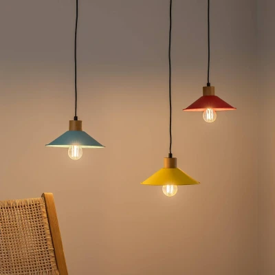 Abbildung von Deckenleuchte Spinne 3 Lampen Prismol Naturholz und Metall Gelb, Blau Grün Menzzo