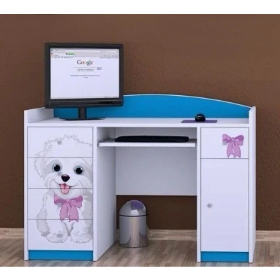 Abbildung von Happy Babies Bürotisch mit Tastaturablage Kinderschreibtisch 125x89x60 PC Schreibtisch weiß Blau Computertisch Muster Kleiner Hund