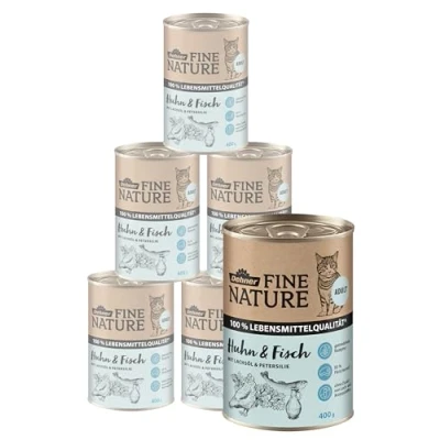 Abbildung von Dehner Fine Nature Katzenfutter, Nassfutter getreidefrei, für ausgewachsene Katzen, Huhn / Fisch, 6 x 400 g Dose (2.4 kg)