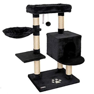 Abbildung von lionto Kratzbaum für Katzen mit Plüschball inkl. Glöckchen &amp; Wandhalterung, Höhe 93 cm, Katzenbaum Sisal Plüsch, gemütliche Liegefläche Höhlen, kleine große geeignet, schwarz