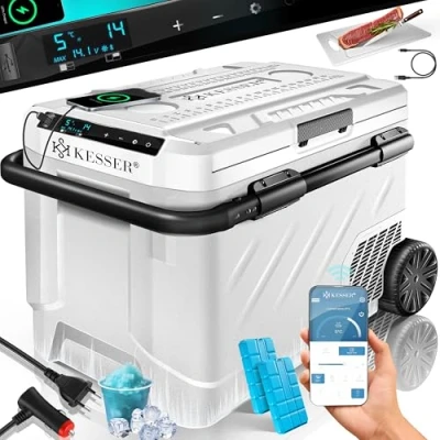 Abbildung von KESSER® Kompressor Kühlbox elektrisch 61 Liter Camping Gefrierbox Mit LED Touch APP Steuerung &amp; Kühlakkus USB Anschluss 12/24 V 230V Kühlschrank Kühlung bis 20 C für Auto Lkw Weiß Schwarz
