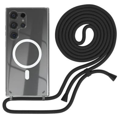 Abbildung von EAZY CASE Handykette kompatibel mit Samsung Galaxy S24 Ultra Kette zum Umhängen Stoßfest Handyhülle für Silikon Hülle Band Handytasche Transparent in Schwarz Clips