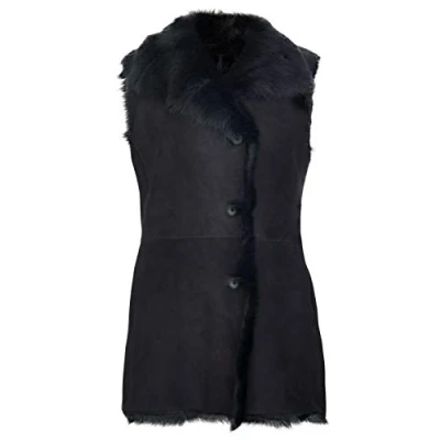 Abbildung von Infinity Leather Frauen Chic Schwarz Wildleder Toscana Shearling Leder Schaffell Gilet Geknöpft L