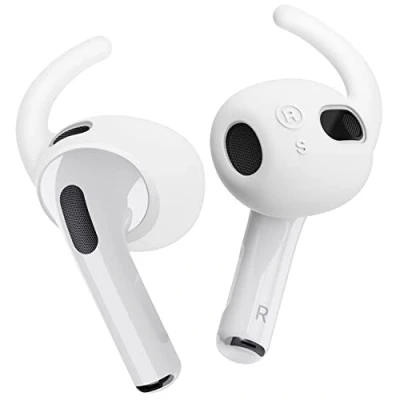 Abbildung von elago 4 Paar Ersatz Ohrhakenabdeckungen Kompatibel mit Airpods 3 [Zusätzlicher Aufbewahrungsbeutel] Anti Rutsch Ergonomische Ohrstöpsel, 2 Kleine, Größe (Weiß)