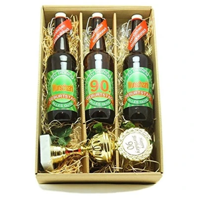 Abbildung von Bier Geschenk zum 90.Geburtstag Geburtstagsgeschenk neunzigster Geburtstag Präsentkarton mit und Pokal 90.