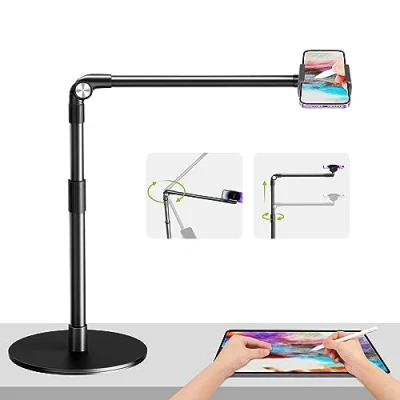 Abbildung von elitehood Handyhalterung Tisch zum Filmen mit Robuste Basis, Höhenverstellbar Overhead Stativ Handy Ständer Filmen, 38cm Langer Arm Schreibtisch für iPhone 15 14 13, Android