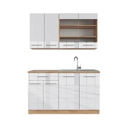 Abbildung von Vicco Singleküche Fame Line, Weiß Hochglanz/Goldkraft Eiche, 140 cm, AP Eiche