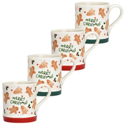 Abbildung von Weihnachtstassen 4er Set aus Porzellan MERRY CHRISTMAS Spruch 350 ml Kaffeetassen mit Lebkuchen Motiven in Rot und Grün Ø 8 x 13 cm Tassen ideal für Kaffee, Tee oder Glühwein Spülmaschinengeeignet