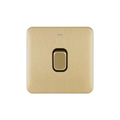 Abbildung von Schneider Electric Lisse, schraubenlose Deco, einzelner Lichtschalter, mit Neonanzeige, doppelpolig, 20 AX, GGBL2011BSB, satiniertes Messing schwarzem Einsatz