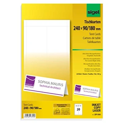 Abbildung von SIGEL DP050 bedruckbare Tischkarten weiß, 24 x 9 cm (auf A4), 20 Stück