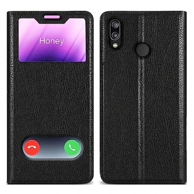 Abbildung von Cadorabo Hülle kompatibel mit Huawei P20 LITE 2018 / NOVA 3E in KOMETEN SCHWARZ Schutzhülle Magnetverschluss, Standfunktion und 2 Sichtfenstern