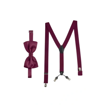 Abbildung von Massi Morino Hosenträger mit Fliege Weinrot Set für Herren und Damen I Y Form Träger elastisch extra starken Clips 3,5cm breit längenverstellbar Vorgebundener Schlips Anzug