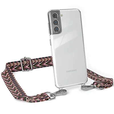 Abbildung von EAZY CASE Handykette Einstellbarer Trageriemen kompatibel mit Samsung Galaxy S21 5G, Schulterriemen, Riemen, Hülle aus Silikon, DIY Kettenkombination, Beere/Rosa Metall Silber