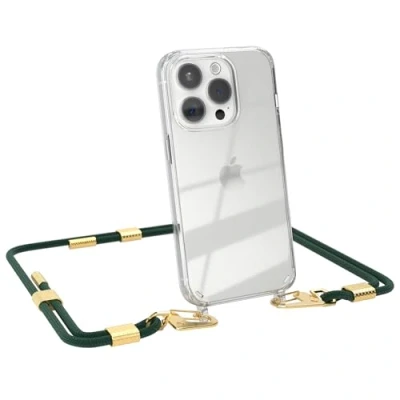 Abbildung von EAZY CASE Handykette mit Karabiner kompatibel iPhone 15 Pro Hülle Silikon transparente Handyhülle für Kette zum Umhängen Schutzhülle in Pinien Grün Clips Gold