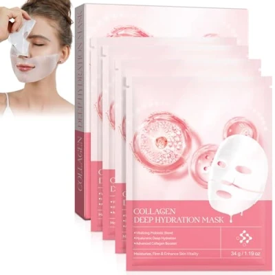 Abbildung von Bio Collagen Gesichtsmaske, 4pcs Kollagen Sheet Mask, Night Wrapping Maske, Gesichtsmaske Hydratisierend, Reduzieren Sie feine Linien &amp; Falten, Porenminimierung, Elastizität Verbesserung