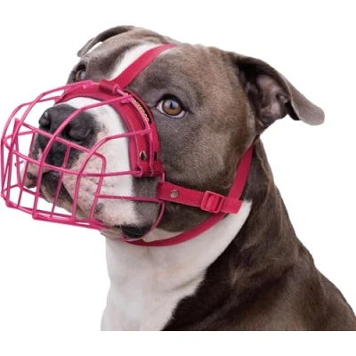 Abbildung von BRONZEDOG Pitbull Maulkorb für Hunde, atmungsaktiv, Metallkorb große Amstaff Staffordshire Terrier, Beißen, Kauen, Bellen Nylon (Rosa, Einheitsgröße)