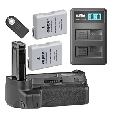 Abbildung von ayex Batteriegriff Passend für Nikon D3400 mit IR Fernauslöser inkl. 2 x EN EL14 Akku u. 1 USB Dual Ladegerät