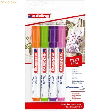 Abbildung von edding 4500 Textilmarker orange, violett, pink, grün 4 Stück Rundspitze 2 3 mm Textilstifte waschmaschinenfest (60 C) zum Stoff bemalen Stoffmalstift