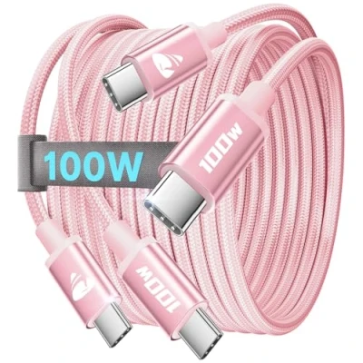 Abbildung von USB C auf Kabel 100W, [2Stück 1M+1M] 5A Schnellladekabel PD 4.0 Ladekabel für iPhone 16 15 Pro Max, Samsung S24 S23 S22 S21, iPad Pro, MacBook Pro/Air,Rosa