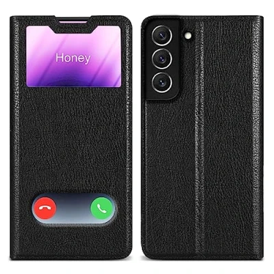 Abbildung von Cadorabo Hülle kompatibel mit Samsung Galaxy S22 in KOMETEN SCHWARZ Schutzhülle Magnetverschluss, Standfunktion und 2 Sichtfenstern