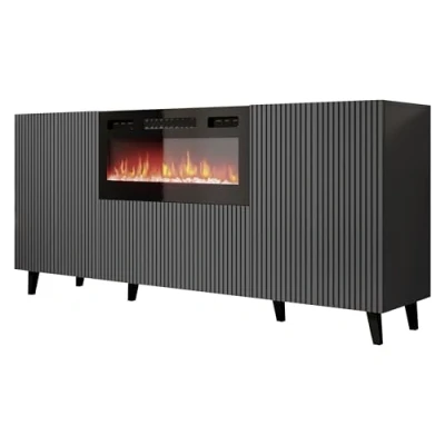 Abbildung von MIRJAN24 Kommode Vamos Grey 180 mit Kamin (mit 2 Türen und Klappe), Fronten gefräst, Realistische LED Flamme