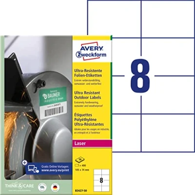 Abbildung von AVERY Zweckform B3427 50 Strapazierfähige Folienetiketten (400 Aufkleber, 105x74mm auf A4, extrem stark selbstklebend, für schwierige Oberflächen, bedruckbare Outdoor Klebefolie) Blatt, weiß