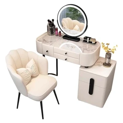 Abbildung von KaBuea Weißes Schminktisch Set mit rundem LED Lichtspiegel, 5 großen Schubladen und Hocker, Sideboard für Schlafzimmer, Mädchen Frauen