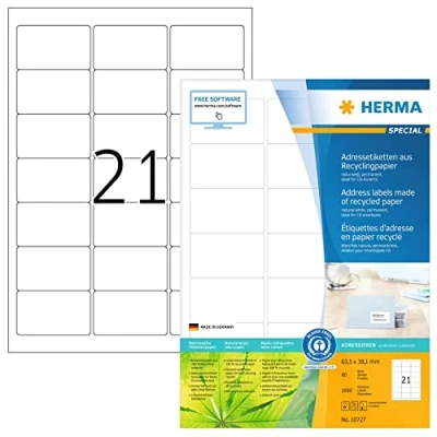 Abbildung von HERMA 10727 Recycling Etiketten, 80 Blatt, 63,5 x 38,1 mm, 21 pro A4 Bogen, 1680 Stück, selbstklebend, bedruckbar, matt, blanko Papier Klebeetiketten Aufkleber, natur weiß