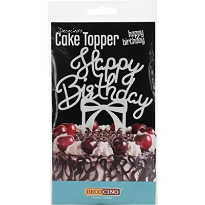 Abbildung von Decocino Cake Topper Happy Birthday Tortenstecker in Silber zum Dekorieren &amp; Verzieren von Torten und Kuchen (10 x 8 cm) Tortendekoration