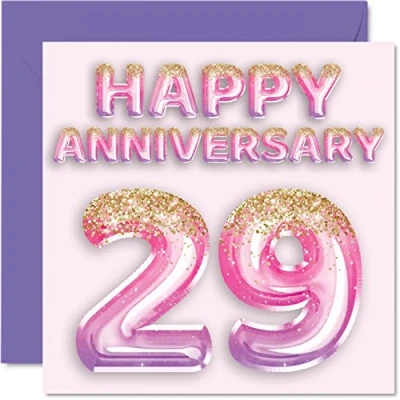 Abbildung von Stuff4 Hübsche Karte zum 29. Jahrestag für Ehefrau, Freundin, Ehemann, Freund, rosa lila Glitzer Luftballons Happy 29 Jahrestagskarten aus der Familie, 145 mm x Grußkarten Jubiläen
