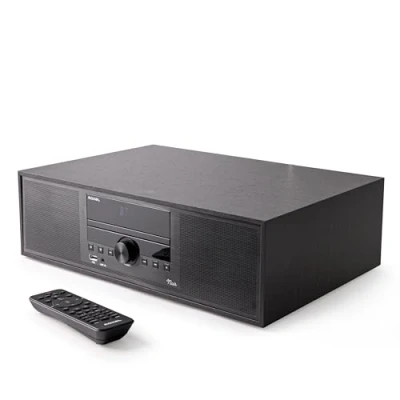 Abbildung von CD Player HiFi Compact Anlage mit FM und Dab+ Digitalradio, Bluetooth, USB, MP3, AUX Eingang, Stereo Lautsprecher, Fernbedienung, Roxel Schwarz DAB Radio