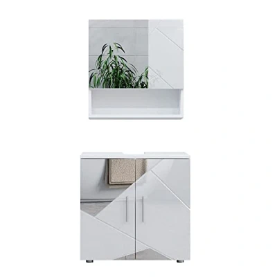 Abbildung von Vicco Badmöbel Set Irma, Weiß Hochglanz mit Einsätzen, 2 Teile, Unterschrank 60 cm, (2 St), Dekospiegel