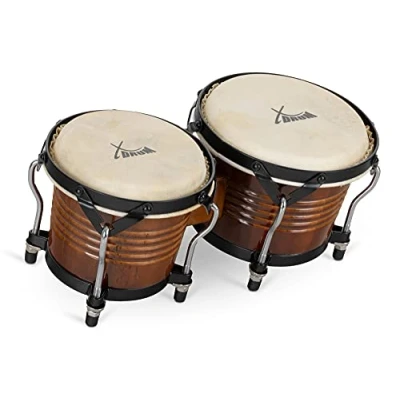 Abbildung von XDrum Bongos Pro Tobacco 2 Trommeln mit 6,5&quot; (17 cm) und 7,5&quot; (20 Durchmesser Bongotrommeln stimmbaren Naturfellen Stimmschlüssel Holztrommeln Braun