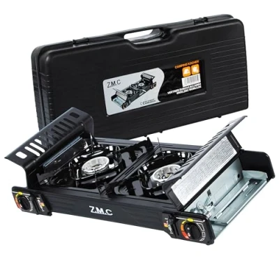 Abbildung von ZMC Gaskocher PREMIUM Butan Campingkocher 2 flammig + Gaskartuschen 227g, (Doppel Kartuschenkocher mit Zündsicherung, Piezozündung, Wärmeleistung: 2,0KW), für Outdoor und Innenraum, Gasherd Kochfeld Gas Kocher Herd