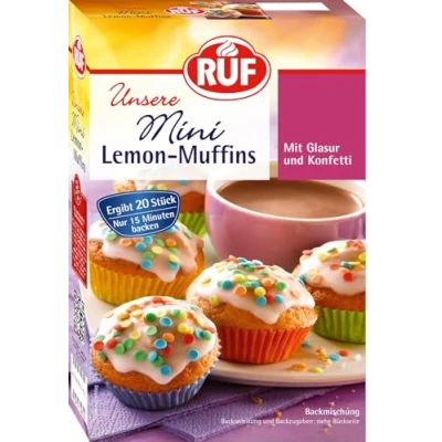 Abbildung von RUF Mini Lemon Muffins, Backmischung mit Zitronen Geschmack, Zitronenglasur und buntem Konfetti Streudekor, 20 bunten Muffin Förmchen, 1 x 350g
