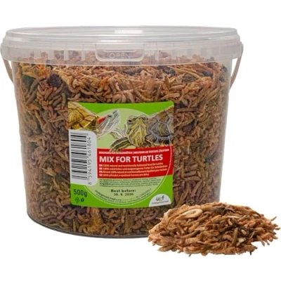 Abbildung von UGF Universal Schildkröten Futter Mix, 3 Liter Eimer ≈ 500g, Ausgewogenes Schildkrötenfutter, Gammarus, Seidenraupen, Mehlwürmer, Garnelen und getrockneter Fisch, Wasserschildkröten