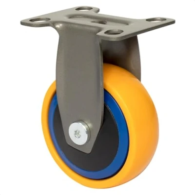 Abbildung von WAGNER Design 3C Bockrolle/Apparaterolle/Transportrolle/Möbelrolle gelb/blau, Softlauffläche, Durchmesser Ø 75 mm, Bauhöhe 100 Anschraubplatte 60 x 70 Tragkraft kg 01247501