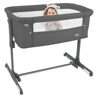 Abbildung von ib style Aluna 3in1 Beistellbett, Babybett, Zustellbett, weiche Matratze, 5 Fach Höhenverstellbar, Reisebett mit Tasche, Kinderbett Rollen, Wiege, für Zuhause und Unterwegs Dunkel Grau