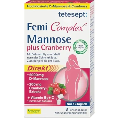 Abbildung von tetesept Femi Complex® Mannose plus Cranberry 1 x 8 Portionsbeutel Zum Erhalt normaler Schleimhäute dank Vitamin B3 Pulver mit 2000 mg D