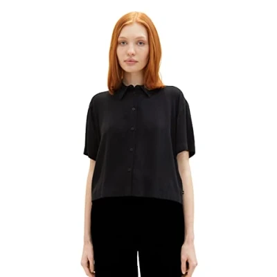 Abbildung von TOM Tailor Denim Kurzarm Hemdbluse, Damen, Größe: Medium, Deep black