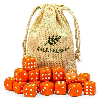 Abbildung von Waldfelsen 6, 12, 20, 30 oder 50 hochqualitative Würfel Standardgröße 16 mm Acrylwürfel Knobel Spielwürfel Dice 6 seitig sechsseitig Spielzubehör Set mit Stoffbeutel (Orange, 20 Stück)