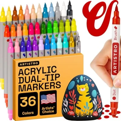 Abbildung von Artistro Acrylstifte 36 Farben, Marker Stifte mit 2 Spitze Pinsel und Punkt, Wasserfeste Stifte, Acrylic für Steine Bemalen, Stoff, Leinwand, Glas, Holz, Papier, DIY Crafts