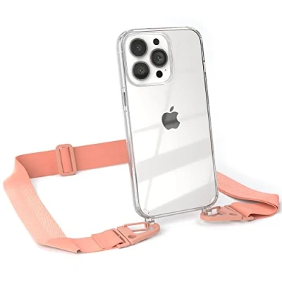 Abbildung von EAZY CASE Hülle mit Band kompatibel iPhone 13 Pro Handyhülle Umhängeband für Silikonhülle Transparent Schutzhülle Handykette zum Umhängen Handykordel Smartphone in Rosa Coral