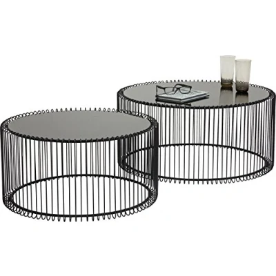 Abbildung von Kare Design Couchtisch Wire 2er Set, Schwarz, 63/53cm Durchmesser, Beistelltisch, Nachttisch, Stahlgestell, Tischplatte aus Sicherheitsglas, Wohnzimmer, rund, 34x70x70 cm (H/B/T)