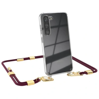 Abbildung von EAZY CASE kombinierbare Handyketten kompatibel mit Samsung Galaxy S23, Transparente Silikon Hülle stylischen rundem Umhängeband, Abnehmbarer Karabiner, zum Umhängen, Beere Clips Gold