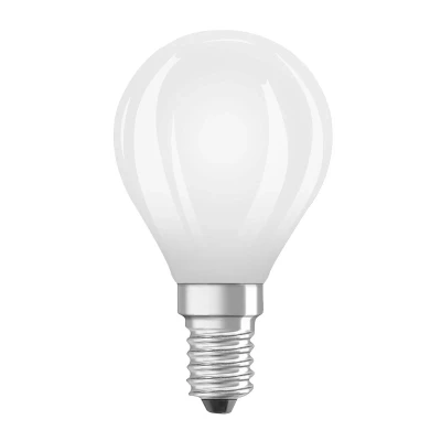 Abbildung von OSRAM Energy Class LED Lampe in klassischer Miniballform, 3.8 W / 806 lm, EEK A, kaltweißes Licht (4000 K), CRI 80, aus gefrostetem bleifreiem Glas, E14 Sockel, IP20, 45 mm Durchmesser.